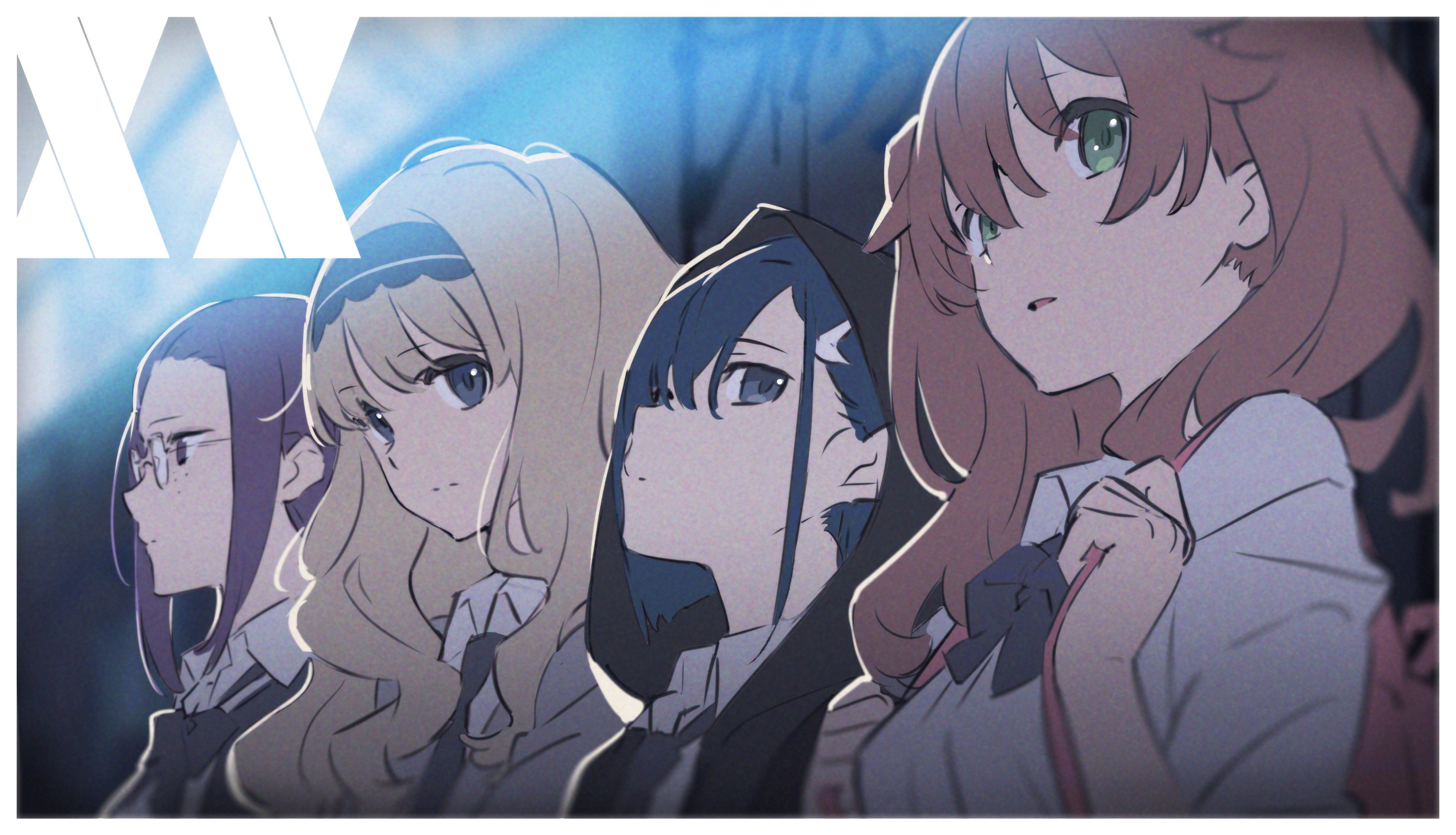 the image features a stylized drawing of four girls, likely characters from the anime series "neon genesis evangelion," standing in a row and looking towards the left side of the frame. they appear to be wearing school uniforms with lightcolored tops and dark bottoms. the background is a blurred blue with a geometric pattern in the top left corner. the overall lighting is soft and diffused, creating a contemplative atmosphere.