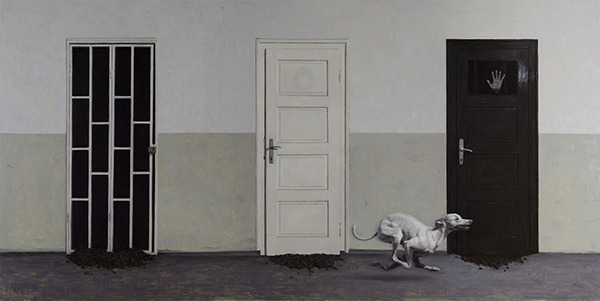 the image shows three doors along a muted green wall with a whippet running towards the rightmost door. the left door is a black metal gate, the center door is white, and the right door is dark brown with a single hand visible through a small window at eye level.  scattered on the floor in front of each door are a number of small, dark objects. the dog is running with its mouth open and tongue out. the floor is a bluegray. the wall is divided horizontally with muted green on top and muted brown on the bottom. the scene is brightly lit, likely with natural light from an unseen source. the walls and doors are rendered to create a sense of linear perspective.