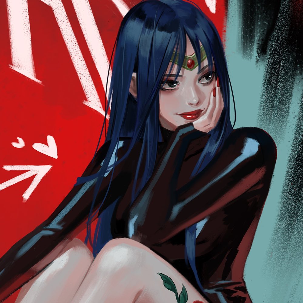 the image is a digital painting or illustration of a young woman with long, dark blue hair. she's wearing a formfitting black dress that appears glossy or possibly leatherlike. she has a small tiara or crown with a green gem on her forehead. her expression is somewhat coy, with one hand gently touching her face. the background is a vibrant red with white markings that add a modern art element, contrasting with a muted teal area behind her. there's a small rose tattoo visible on her thigh.  the overall style is a blend of anime and contemporary art, with a focus on rich color and texture. the artwork conveys a sense of mystery and elegance.