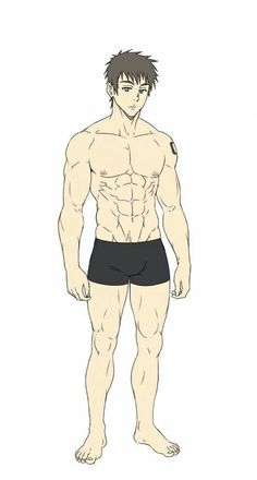 the image is an animestyle illustration of a shirtless, muscular man. he is standing with his feet slightly apart and his arms at his sides. he has short, spiky brown hair and a tattoo on his left shoulder. he is wearing black underwear.