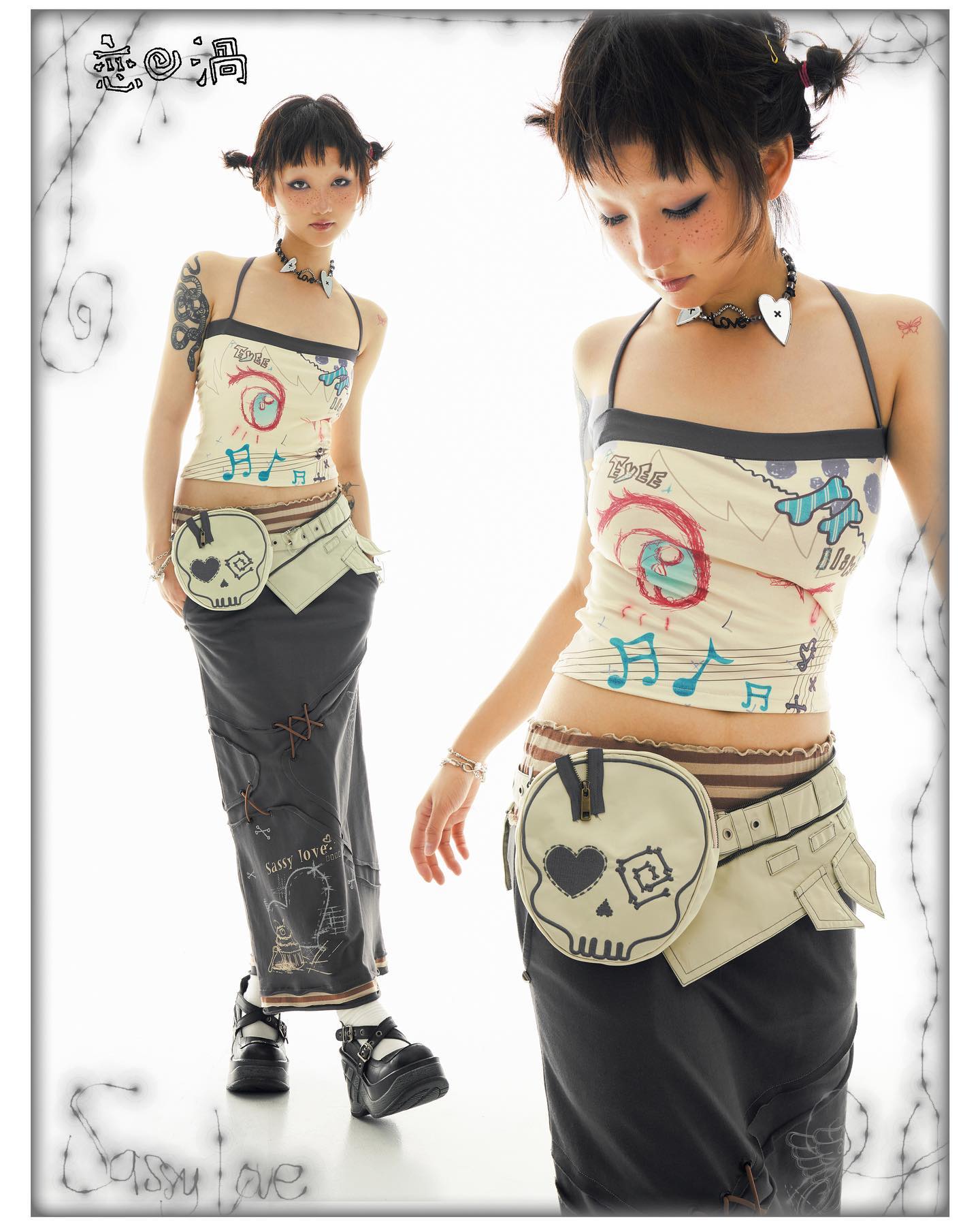 the image showcases two young women, possibly models, showcasing a collection of clothing and accessories.  the clothing features a distinct style blending elements of grunge, punk, and kawaii aesthetics, incorporating skulls, music notes, and heart designs.  the women are wearing similar outfits: a sleeveless top with graphic designs, a long, darkgrey skirt with embellishments, and a unique skullshaped belt bag. their hairstyles are styled with short, choppy cuts and small buns, enhancing the overall alternative look. the background is simple, a plain white backdrop that emphasizes the clothing and accessories. the overall aesthetic is edgy yet cute, suggestive of a youthoriented fashion brand.  the brand name "sassy love" is visible in the bottom left corner. the word "恋色" is featured in the top left corner, which seems to be japanese for "love color".