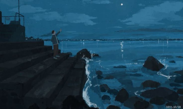 a digitally painted image depicts a man standing on a series of steps near the sea at night. the man is reaching out towards the moon and stars in the dark blue sky. the sea is dark and illuminated with the reflected light of city lights in the distance. waves crash against the rocks at the edge of the steps. the overall atmosphere is quiet and contemplative. the date "2021.10/18" is visible in the lower right corner.