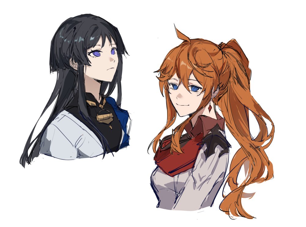 two anime girls are drawn in a simple style with soft colors, one has black hair and the other has red hair.  both girls are smiling and have blue eyes.