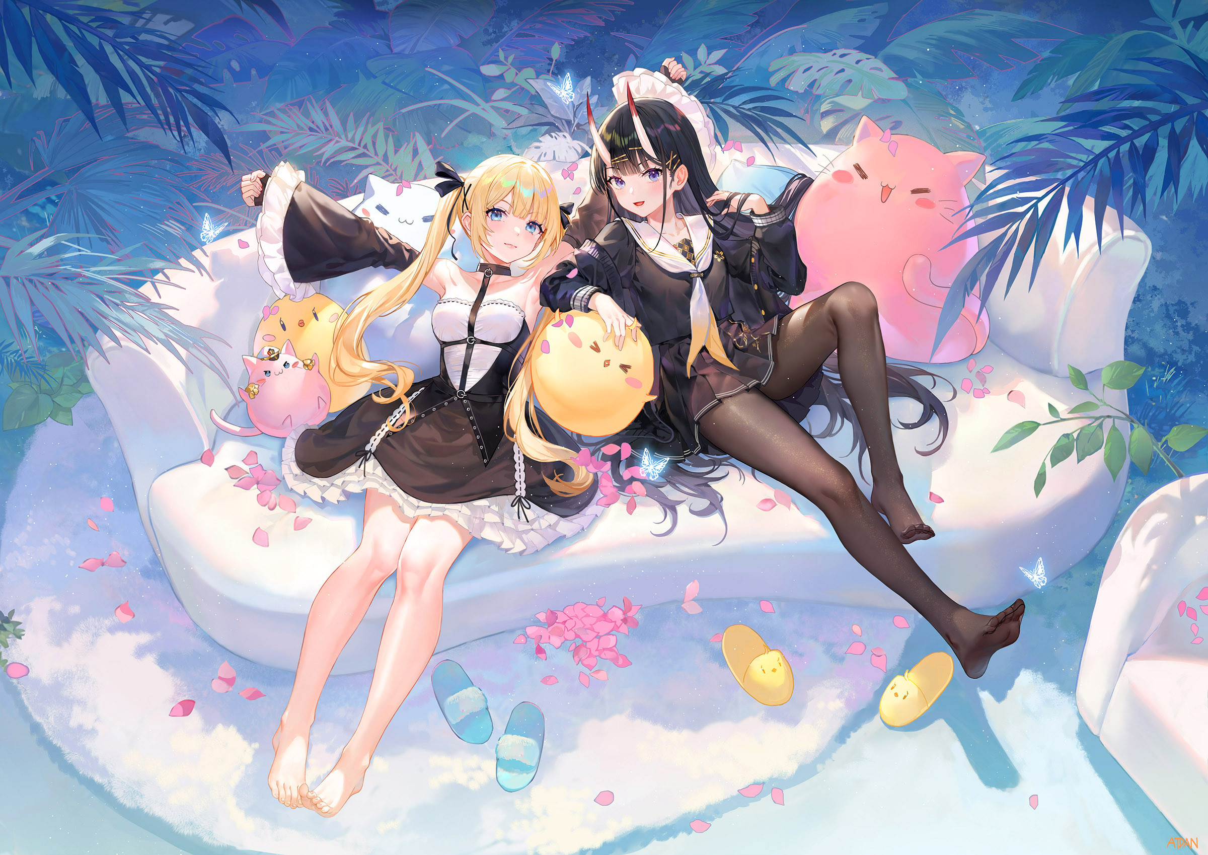 the image is a digital illustration of two anime girls relaxing on a white couch amidst tropical foliage. one girl has long blonde hair in twintails and a dark, maidlike dress. the other has long black hair, small horns, and wears a dark school uniform with black tights.  both are barefoot, surrounded by cute plush toys in the shapes of cats and birds. pink flower petals are scattered around them, and butterflies flutter in the air. the overall aesthetic is light, airy, and peaceful, with soft pastel colors dominating the scene.