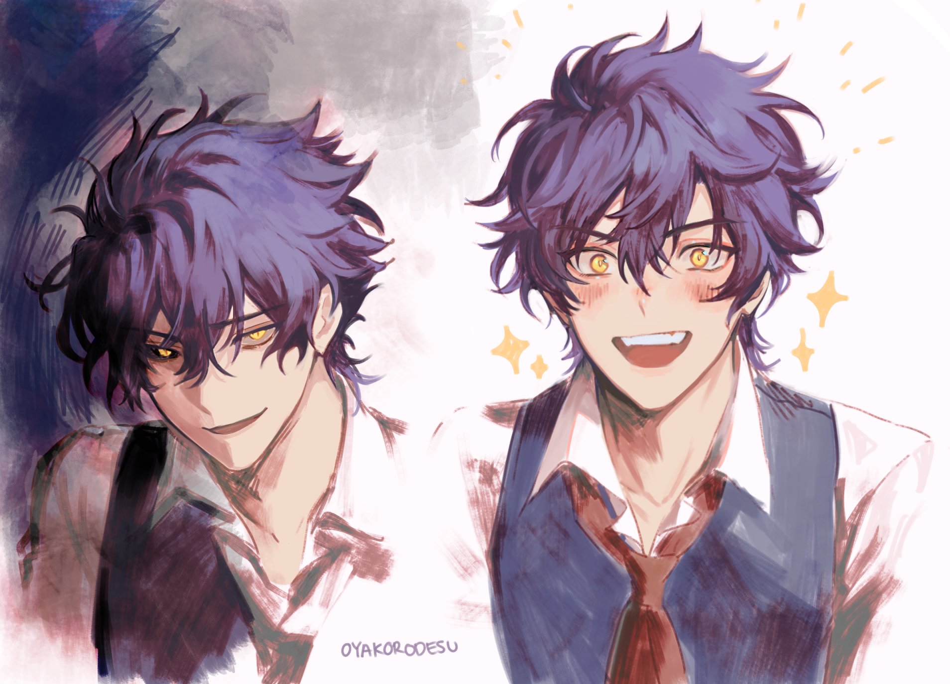the image features a digital illustration of an anime character with purple hair and yellow eyes. he is drawn in two different expressions: one with a dark, serious look and the other with a bright, blushing smile. both expressions are shown on the same face, with the serious expression on the left side of the image and the smiling expression on the right side. the background is a contrast of dark shadows and light highlights, which adds to the mood of the piece. the character is wearing a white shirt, tie, and vest. the illustration is stylized and has a soft, painterly feel.