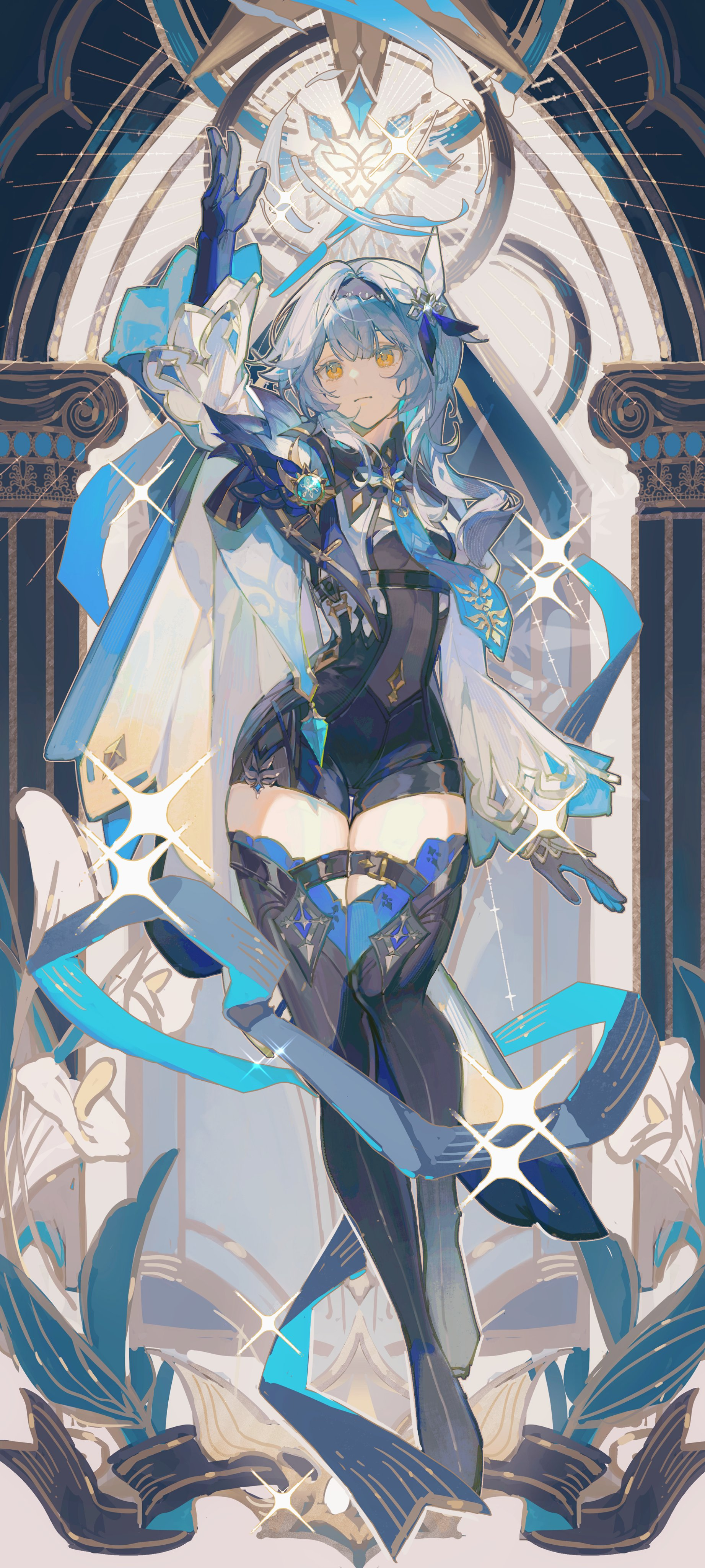 this image features a young woman with white hair and gold eyes. she is dressed in a dark blue and white outfit and is surrounded by light blue ribbons of energy. the background is a stained glass window depicting mythical creatures and symbols. her pose is dynamic, with one arm raised as if wielding a magical power, adding to the fantastical atmosphere of the illustration.