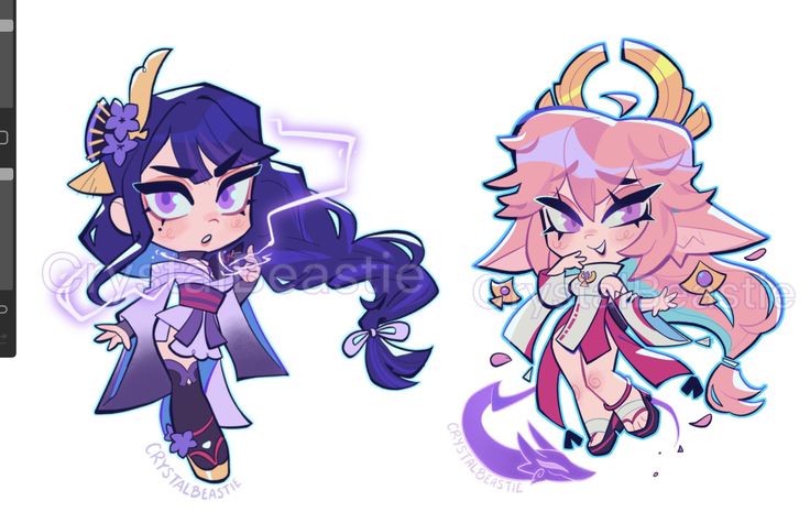 the image showcases two digital illustrations of chibistyle anime girls.  both characters are depicted in fantastical outfits reminiscent of japanese clothing styles, with one featuring a purple and white color scheme with lightning effects, and the other sporting a pink and white design with ornate headdress. both have exaggerated features common in the kawaii aesthetic. the artist's signature "crystalbeastie" is subtly placed at the bottom of each character's respective image.  the style is vibrant and colorful, typical of modern digital anime art.