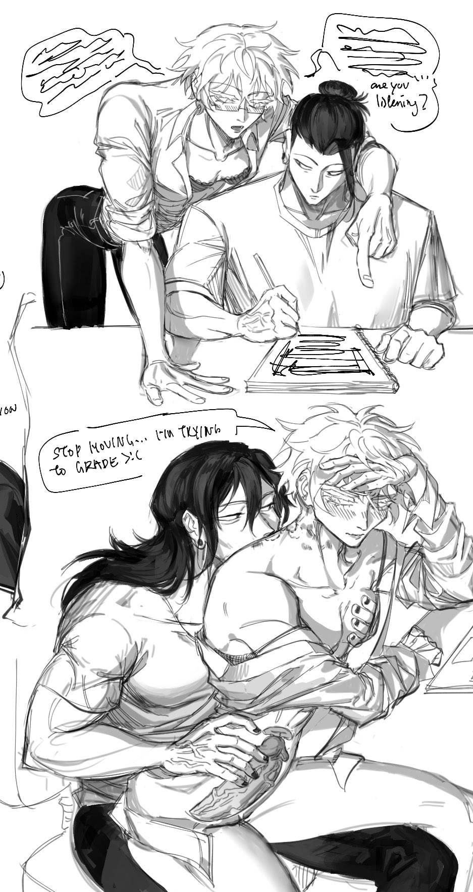 the image is a grayscale mangastyle drawing depicting several scenes. the top panel shows three young men; one with glasses leans over another, seemingly a student, who is working on papers while a third observes.  the top man is instructing or observing the student's work. the second panel shows a closeup of two men affectionately interacting; one is hugging and comforting the other who seems stressed or upset. the overall style suggests a personal, intimate moment, and the expressions and postures of the characters convey a range of emotions, from frustration and concentration to affection and support.  the style is loose and expressive, characteristic of fan art or a personal sketch.