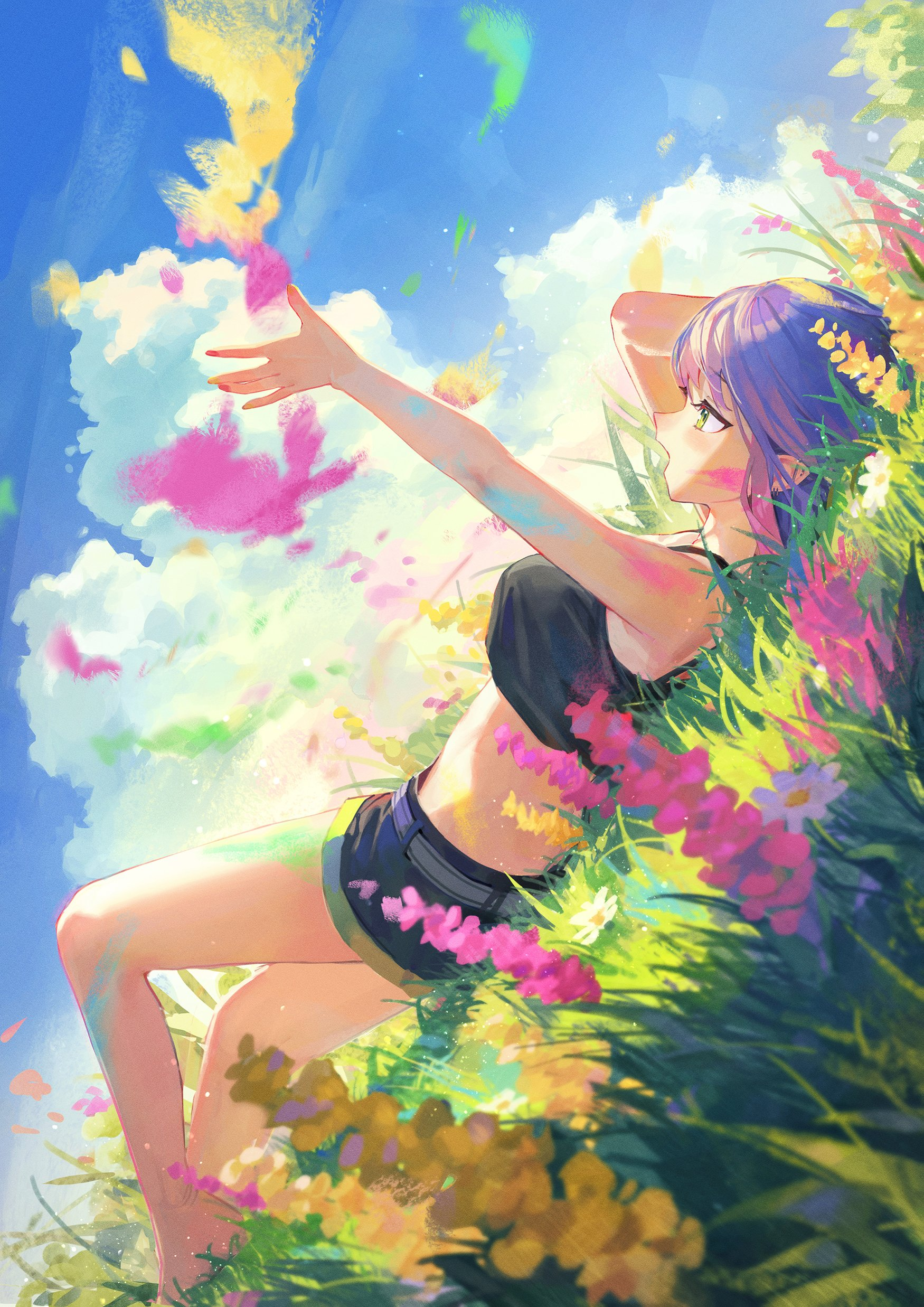 a purplehaired anime girl, dressed in a black crop top and shorts, lays in a field of vibrant flowers. her hand reaches towards the sky, trailing colorful powder that pops against the bright blue. the sun bathes the scene in a warm glow, highlighting the girl's carefree posture and joyful expression. the low angle view emphasizes the feeling of freedom and possibility.
