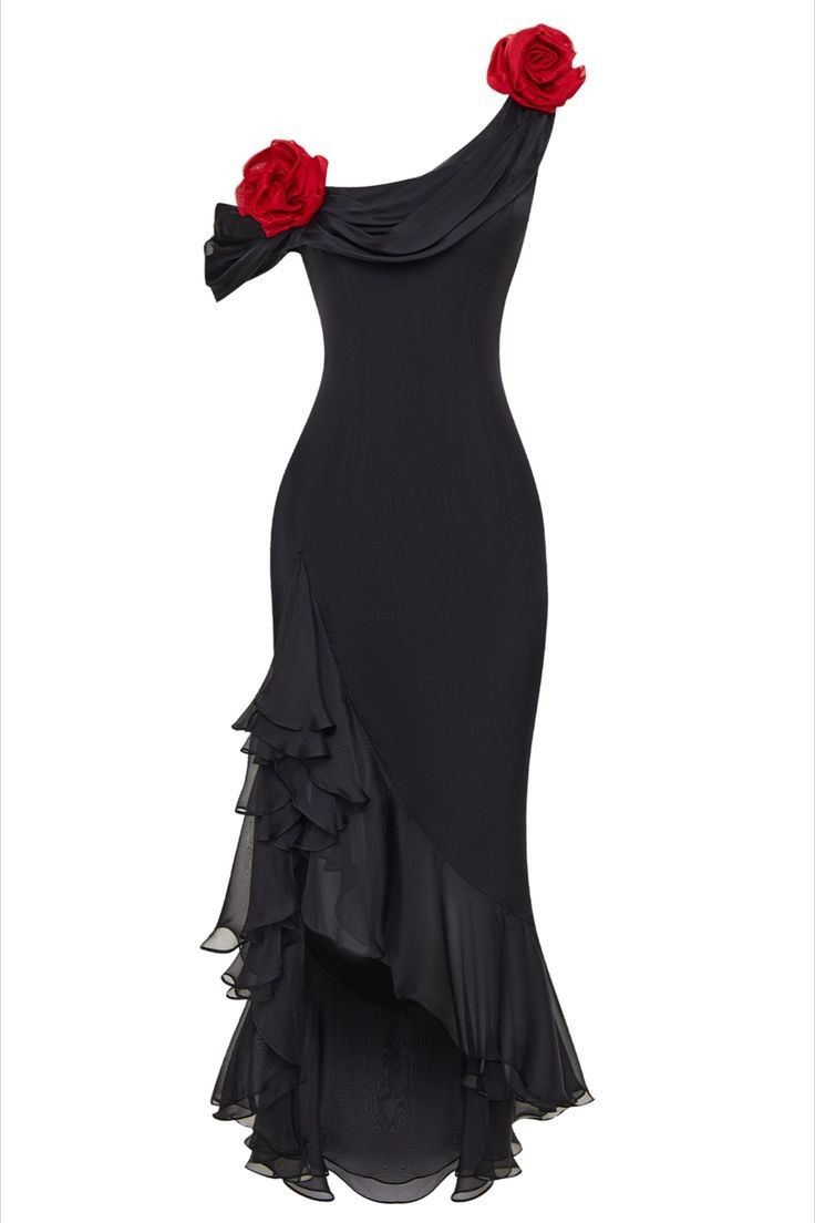 a black, oneshoulder formal dress adorned with red roses on the shoulder straps is depicted in the image. the dress has a fitted bodice and a flowing skirt with layered ruffles.
