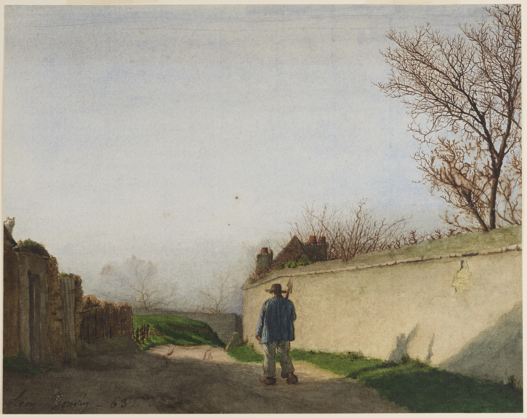 a painting depicts a man walking away on a dirt road beside a wall and building under a grey sky. the man wears a hat and a blue jacket. a tall bare tree is positioned behind the wall. there is grass on the road's sides and on top of the wall. in the background, a few buildings are visible with trees. the signature reads lea dowing.