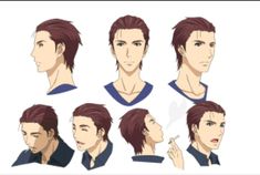 the image is a character design sheet for an anime or manga character. it showcases the male character in various poses and expressions, offering different angles and emotional depictions.