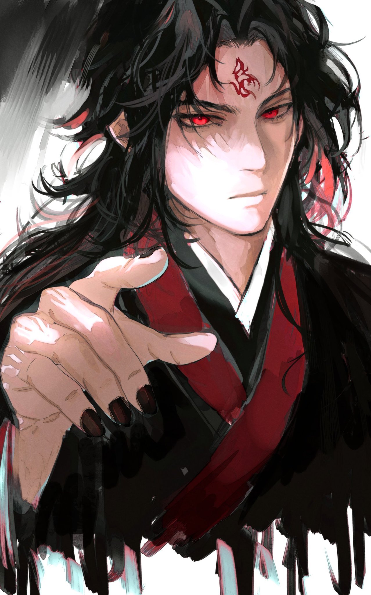 a portrait of a young anime male character with long, dark hair and red eyes. he is wearing a black and red kimono and has a hand reaching out. the art is done in a dramatic style, and the character looks serious and elegant. the background is mostly black and white, and the image has a dark overall feel.