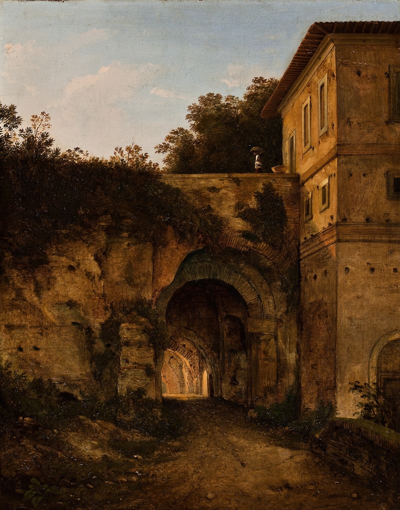the painting depicts a landscape scene with ancient roman ruins. a stone and brick building stands to the right, with arches leading into a dark tunnel on the left. vegetation grows on top of and around the ruins, and a figure stands on the wall of the building. the sky is visible in the background, with a few clouds. the scene is rendered in oil paint with a muted color palette.
