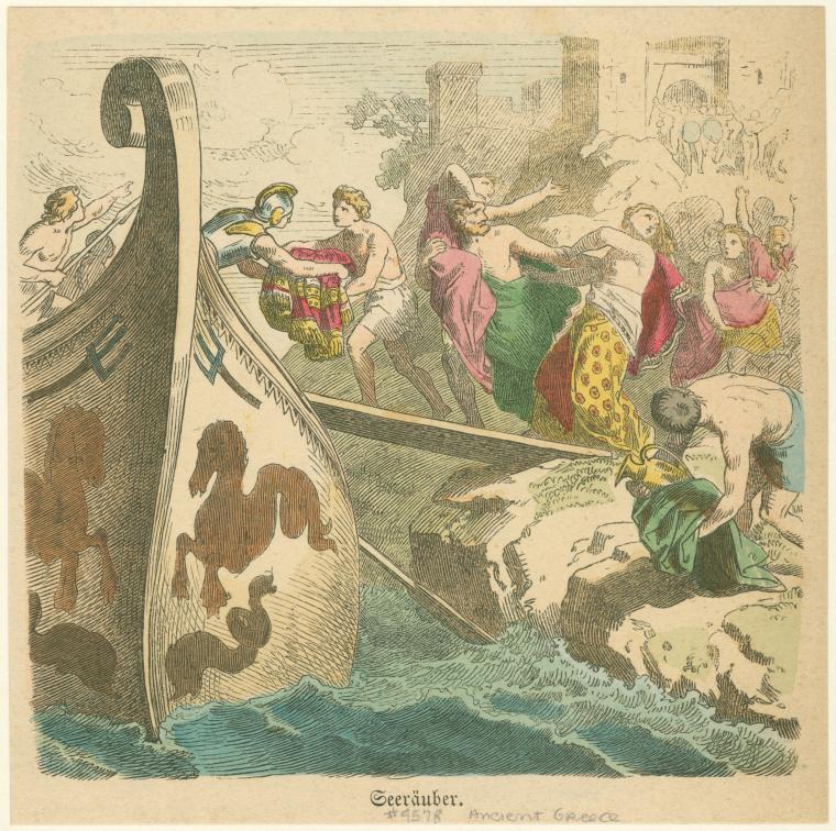 the image is a color illustration depicting a scene of robbery in ancient greece. a boat is docked near a rocky shore, with pirates carrying away people and goods. figures are depicted wearing various forms of clothing and robes. a temple or fort is in the background. the boat is decorated with designs of sea creatures. the scene depicts a chaotic and violent act.
