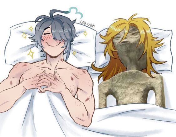 he image is a digital drawing or fanart featuring two characters in a bed.  one is a stylized animestyle boy with gray hair, blushing and looking peaceful. the other is a figure resembling a stone statue or alien with blonde hair, tucked under the covers. the scene is humorous, likely a meme or a playful depiction of an unusual couple. the art style is soft and light, with a focus on cute and comedic elements.  the artist's signature or watermark "xarkani" is visible.