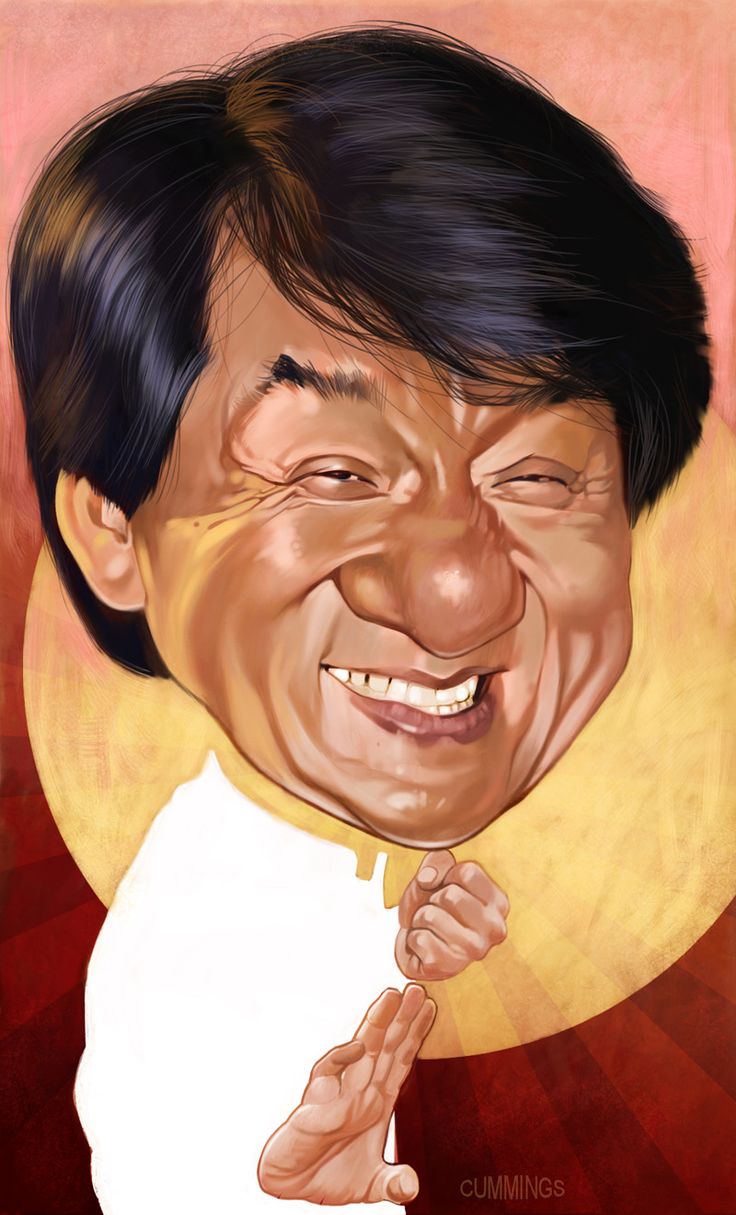 a caricature of jackie chan, an asian actor and martial artist, is depicted smiling with a white shirt and making a martial arts hand gesture. the background is a mix of yellow and red. the artist's signature, cummings, is visible at the bottom right.