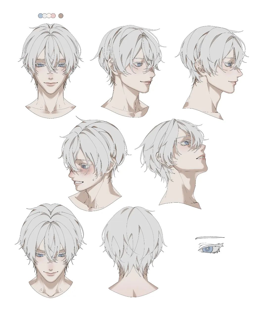 the image is a character design sheet or concept art for a male character, likely for an anime or manga. it features multiple headshots of the same character from different angles, showcasing a range of expressions. the character has white hair, blue eyes, and a generally youthful appearance. the style is typical of anime and manga, with large eyes, a small nose, and a slender jawline. a color palette of cool grays and blues is included.