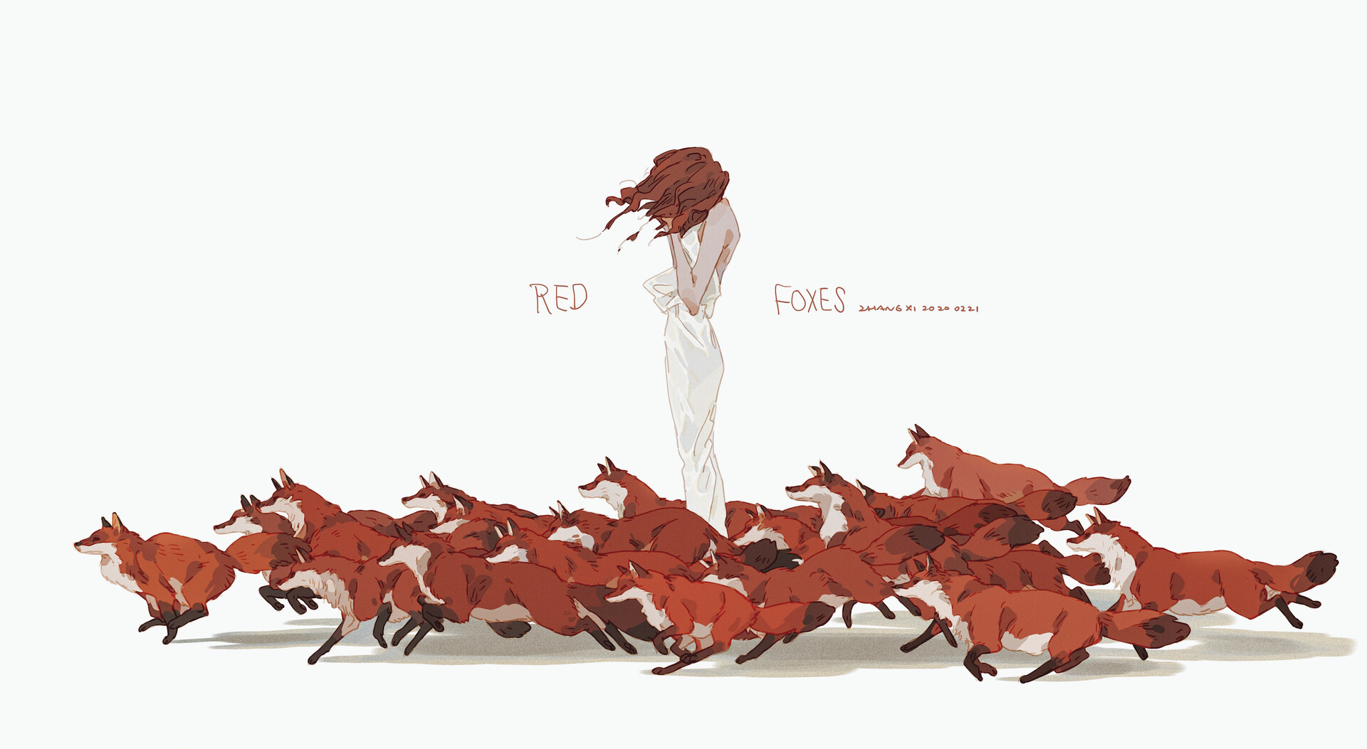 a digital drawing of a girl standing in a white dress surrounded by a pack of red foxes running in a field. the girl is facing away from the viewer with her head down. the foxes are running in different directions, some of them are running away from the girl. the image is set in a grassy field. the drawing is done in a minimalist style and the colors are muted. the foxes are all red and the girl is white.