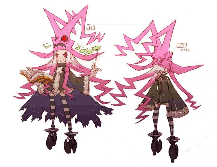 a digital illustration of an anime girl character design. she has pink hair and a hat, she's wearing a black and white striped dress and holding a book and a wand. she's drawn standing, facing forward and to the side.  the illustration is drawn in a cartoon style.