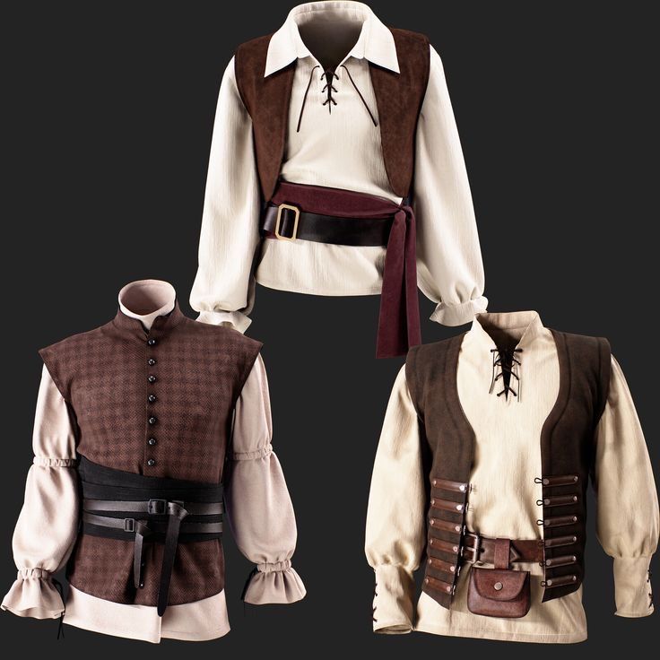 three pirate outfits laid out on a dark grey background. the outfits all consist of a white, longsleeved shirt with a lace up front and a brown vest.  the first outfit has a brown suede vest and a brown belt with a silver buckle, with a dark red sash tied at the front. the second outfit has a brown plaid vest and a brown belt with two silver buckles and two silver straps, and the third outfit has a brown suede vest with a silver buckle and several silver details along the vest. each outfit has a different style vest.  the outfits look like they are made for a pirate or someone who wants to dress like a pirate.