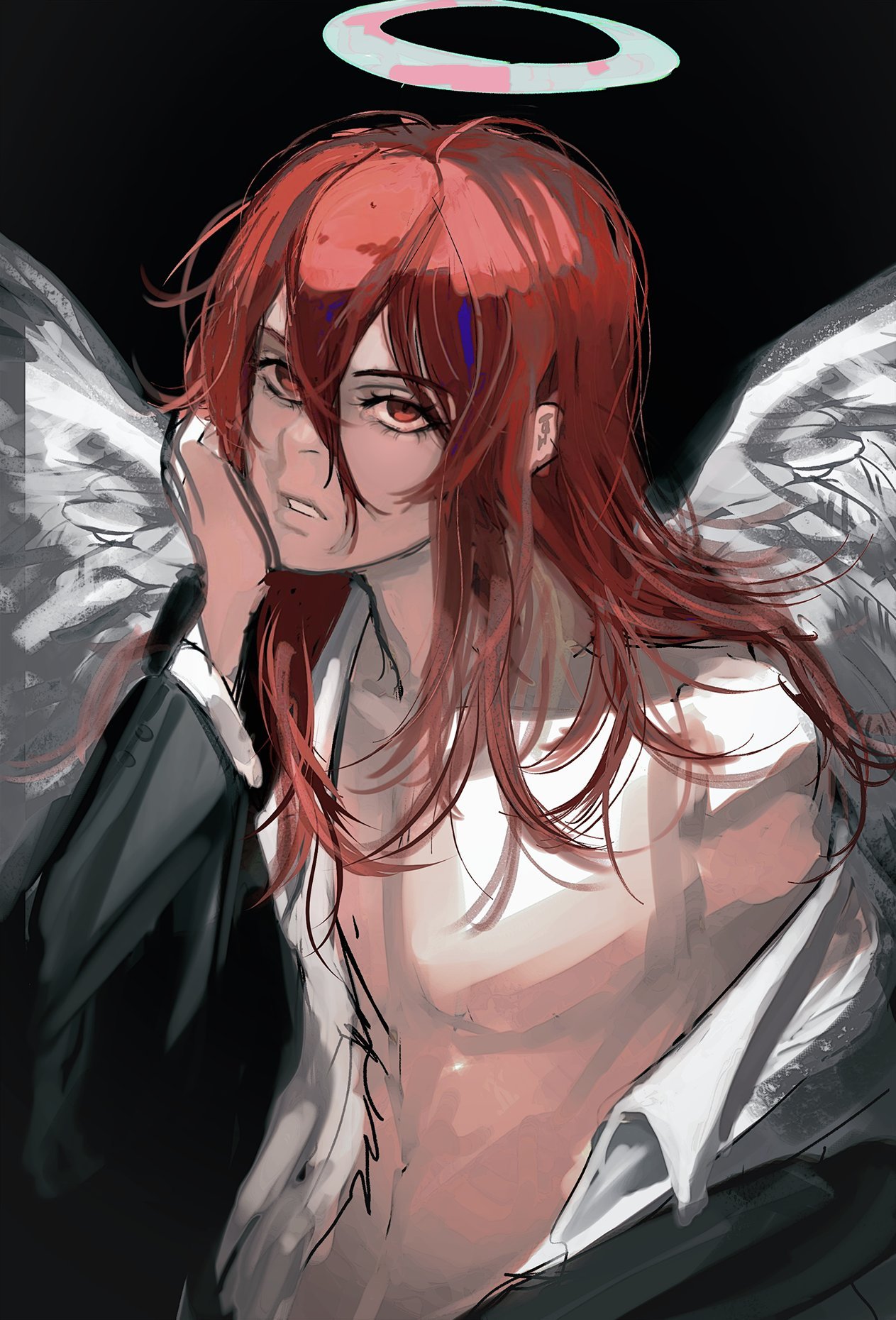 the image is a digital painting of a male anime character with red hair and blue eyes. the character is wearing a white shirt and a black suit jacket, and they have a halo above their head. they are also depicted with white wings and a mysterious and seductive expression. the image has a dark and elegant aesthetic.