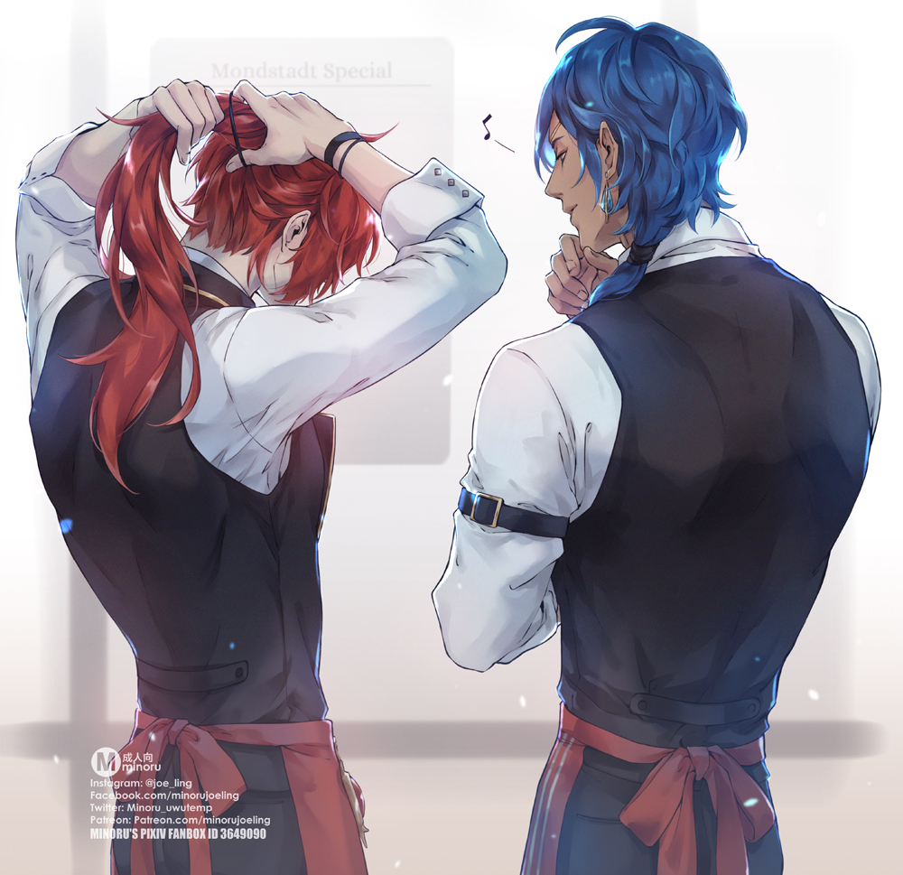 the image is a fanart of two male characters from the anime and video game genshin impact. they are both dressed in waiter uniforms, one with red hair and one with blue hair. the redhaired character is tying his hair up into a ponytail and the bluehaired character is looking at him with a smile. they are both standing back to back and seem to be happy and friendly. the scene suggests they are working at a restaurant or bar, perhaps preparing for a rush of customers.  the background is simple and white, allowing the characters to be the focus of the image. the style of the image is anime/manga, with vibrant colors and a slightly exaggerated appearance.