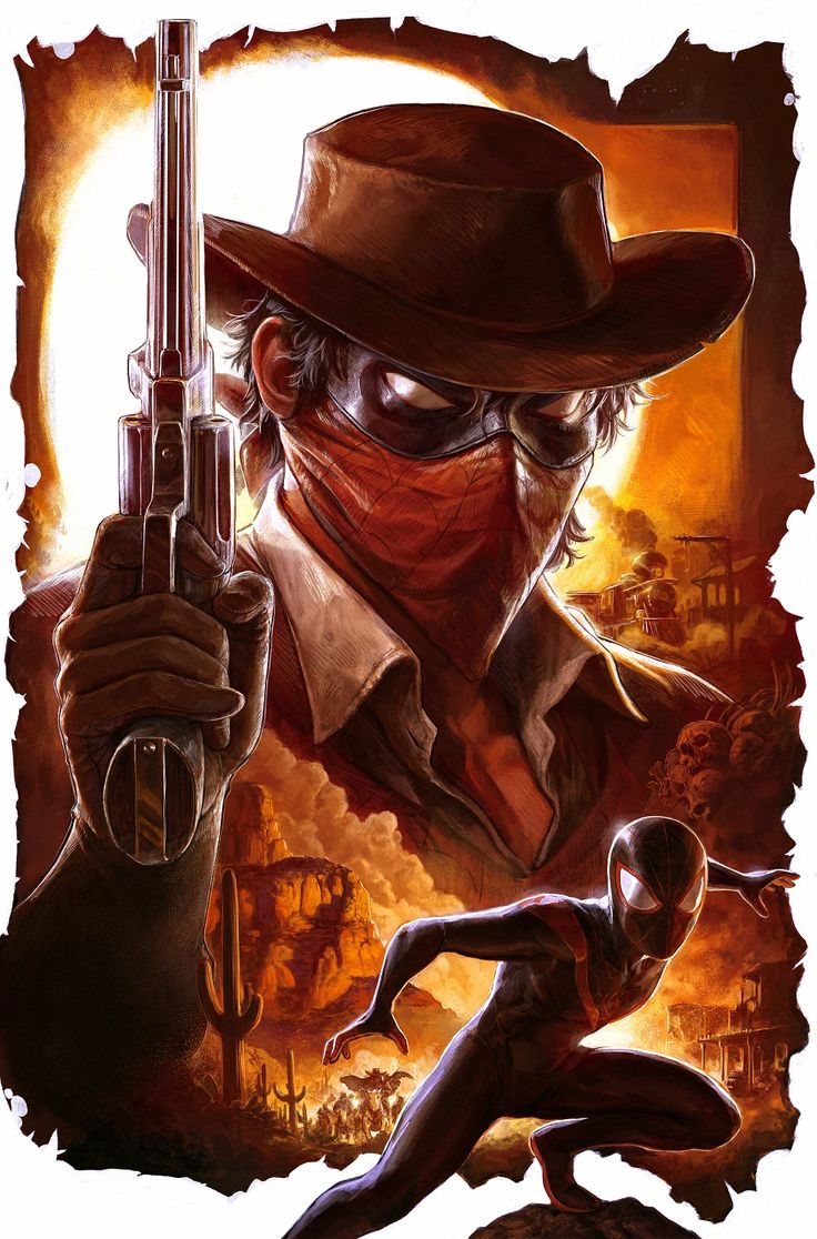 this is a digital art illustration. it features a cowboy with a red bandana over his face holding a pistol. there is a red and black spiderman in the foreground with a bright orange and red background. the cowboy is in the forefront and looks like he is pointing the gun at the spiderman.
