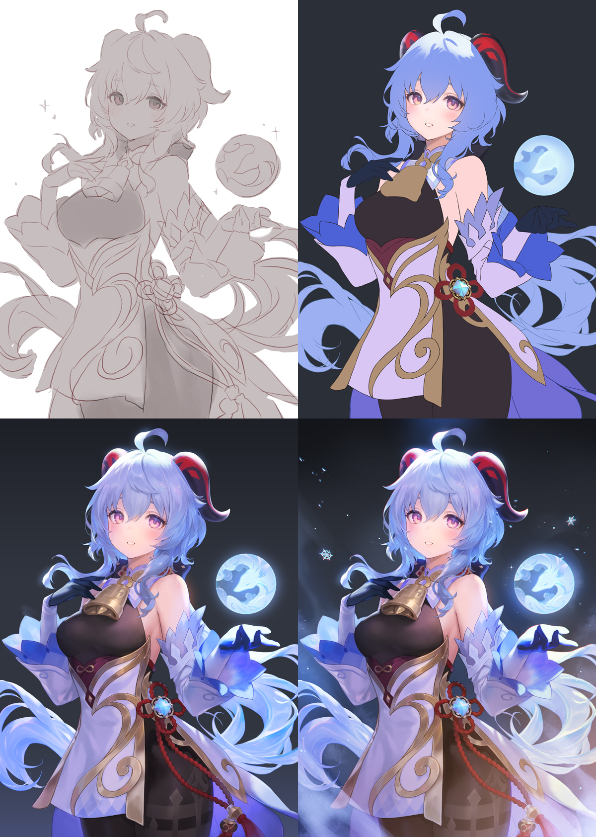 the image shows the creation process of a fan art depicting ganyu from genshin impact. it starts with a grayscale sketch in the top left, progressing through initial coloring in the top right, further refinement in the bottom left, and a final polished version with lighting effects and details like snowflakes in the bottom right. the character is set against a dark background with a moon, maintaining consistent pose and composition throughout the stages.