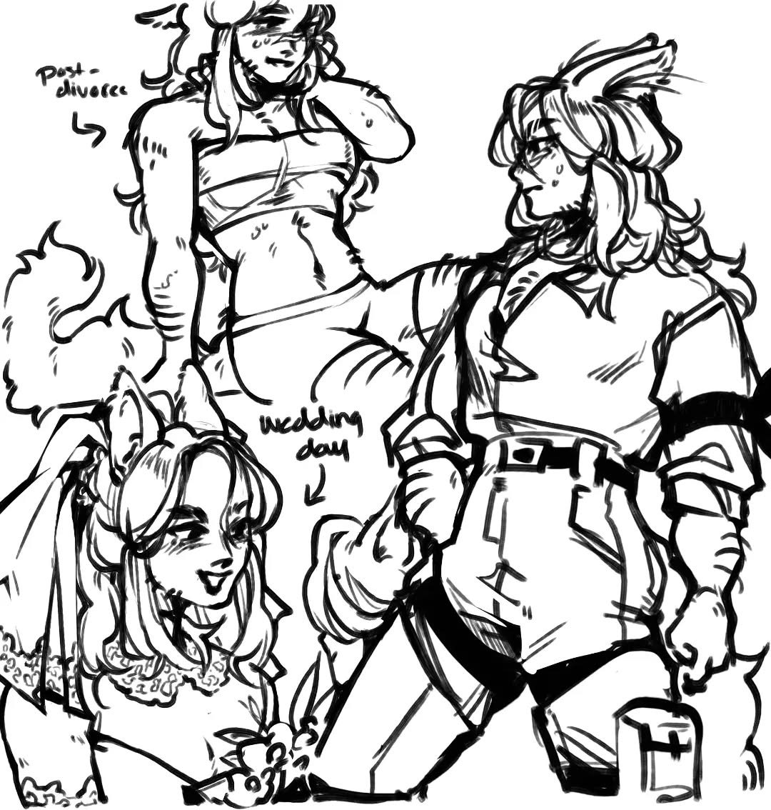 the image is a black and white sketch or drawing, possibly from a comic or graphic novel. it features three anthropomorphic female characters. one character is labeled "postdivorce", another is labeled "wedding day", suggesting a narrative of change or transition in relationships. the style is expressive and dynamic, with strong lines and clear character designs. the characters display a range of emotions, from confident and strong to potentially vulnerable or reflective.  the drawing shows detail in their clothing and body language.  the overall style leans towards anime or manga, with a touch of furry elements due to the characters' animallike ears.  the positioning and labels suggest a story is being told.