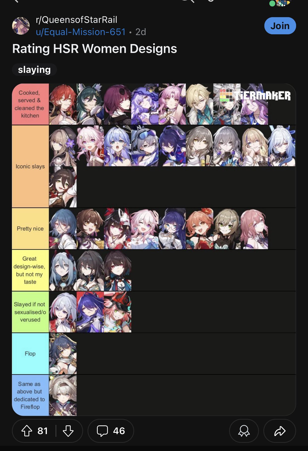 this image is a tier list ranking the visual designs of female characters in honkai star rail. the tier list has categories including "slaying", "iconic slays", "pretty nice", "great designwise, but not my taste", "slayed if not sexualised/overused", "flop", and "same as above but dedicated to fireflop". each tier contains several female characters from the game honkai star rail. the tier list was created using the website tiermaker.