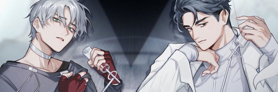 this is a digital illustration of two young, attractive anime men, each with different hair colors and hairstyles. the man on the left has short, white hair, and is wearing a black shirt with a silver choker and red gloves. he is holding a vial and is looking intently at something out of frame. the man on the right has long black hair and is wearing a white collared shirt. he is looking off to the side with a serious expression. the image is set against a gray background with a triangular pattern. both men look like they could be characters from a manga or anime series.