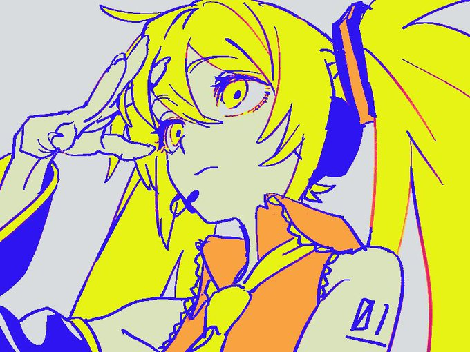 a stylized, digital drawing of an anime girl with long yellow hair and large yellow eyes. she is wearing an orange and white outfit with blue details and is striking a pose with her hand near her face. the image utilizes a limited color palette of yellow, blue, orange, black and white, reminiscent of pop art.