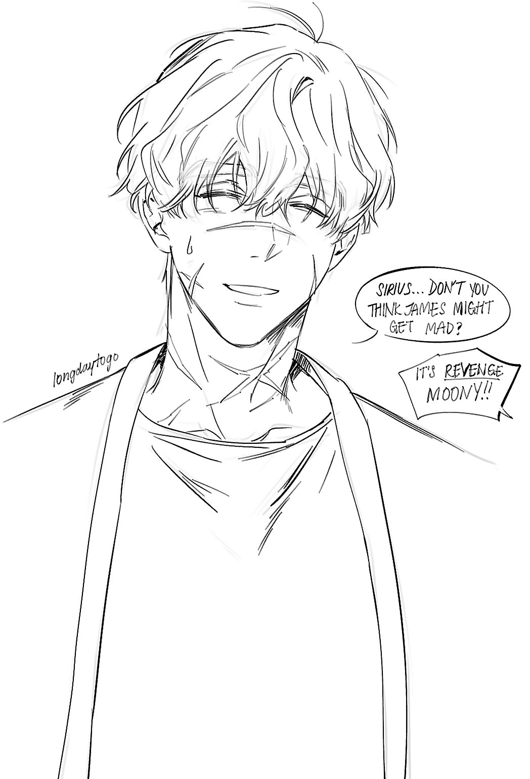 a line drawing of an animestyle boy with short, slightly messy hair. he has scars on his face and a slightly mischievous smile.  two speech bubbles contain dialogue, indicating a conversation about revenge and the potential anger of someone named james. the style is reminiscent of manga or webtoon art. the overall mood is light despite the presence of scars and the threat of anger.