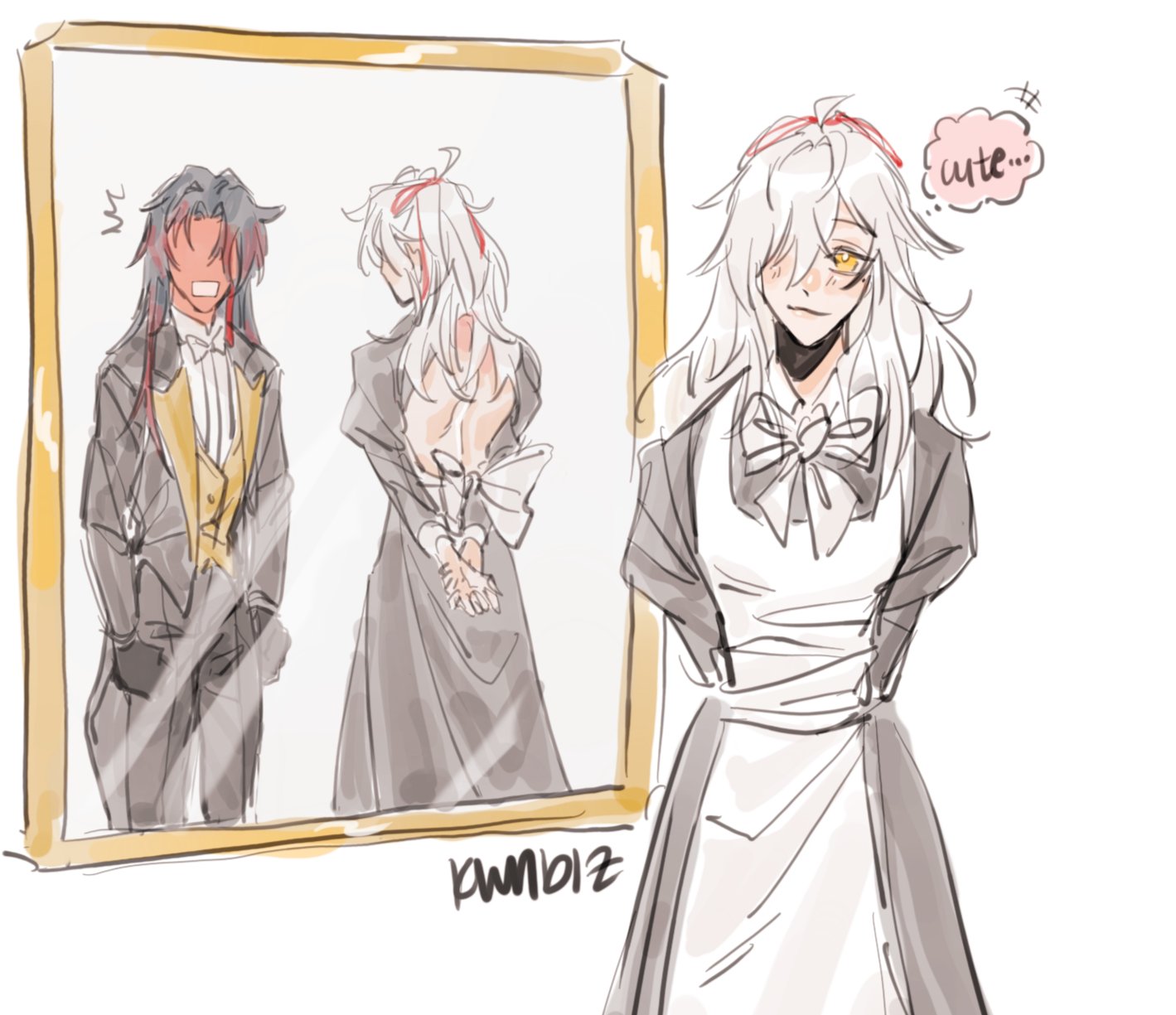 the image is a digital drawing of an anime couple. the male character is wearing a suit and tuxedo with a yellow vest, while the female character is wearing a maid outfit with a white apron and a black dress. the male character is looking at the female character who is looking at her own reflection in a mirror. the female character is blushing and thinks that her reflection is cute.