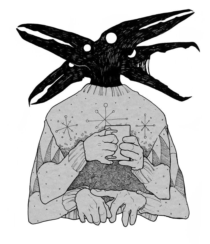 this is a black and white illustration of a monster, drawn in a graphic style. the monster has a head that looks like a bird with multiple beaks and multiple eyes. the monster is wearing a sweater and holding a cup in its hands, as if it is drinking something hot like tea or coffee. the monster looks cozy and relaxed, like it is enjoying its drink. the illustration is done in a sketchy style, with a lot of detail in the creature’s body and the cup.