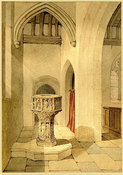 the image shows an interior view of a church. the focus is on an elaborate, ornate baptismal font situated on a stone platform. the architecture includes arches, stonework, columns, and a window. the style suggests a historical or religious setting.