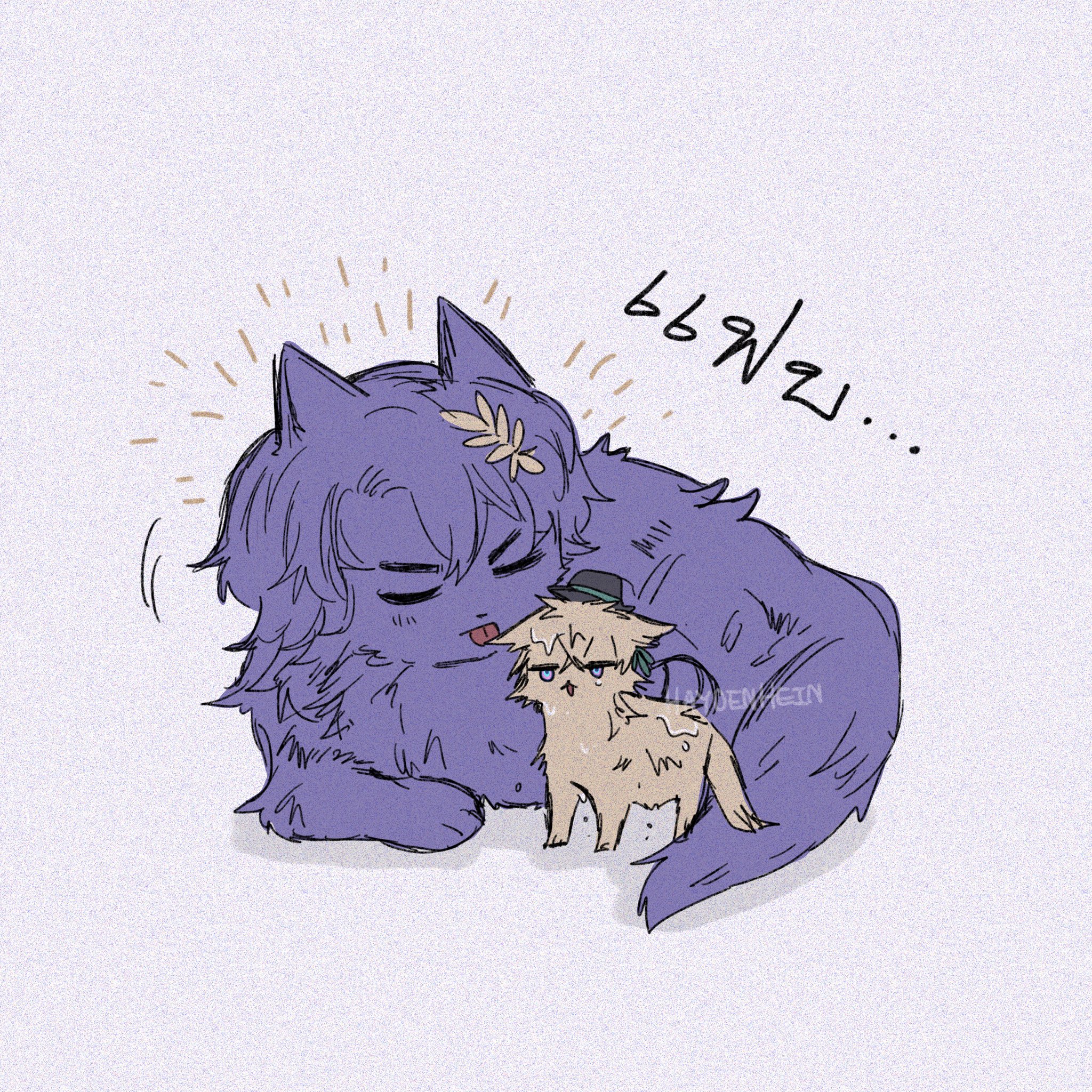 this illustration depicts a cute cartoon cat with long purple fur sleeping on its belly, while a smaller, yellowfurred kitten is curled up next to it. the larger cat appears to be purring, with a "rumble" sound effect coming from its mouth. the smaller cat is looking at the viewer with big, innocent eyes. both cats have big, cute eyes, adding to their adorable appeal. the overall art style is soft and pastel, giving the image a whimsical feel. the background is a simple, pale grey color, which helps to highlight the characters.  the scene is heartwarming and full of cuteness.
