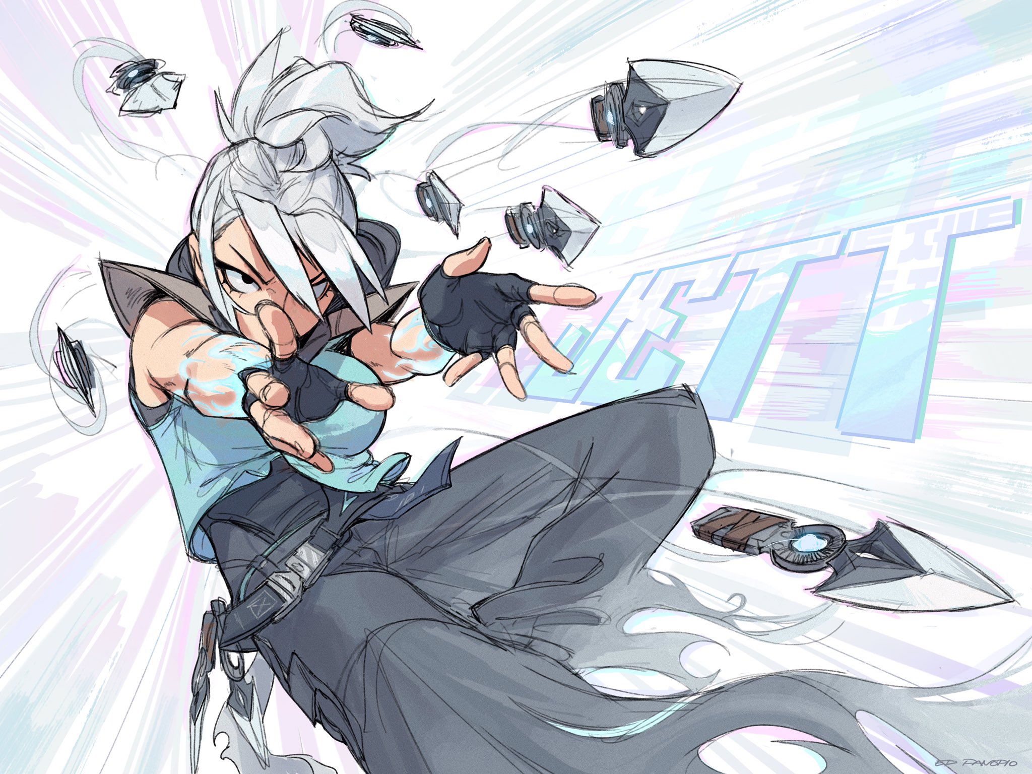 the image is a dynamic illustration or concept art piece featuring a stylized anime or mangastyle female character in action. she has short, spiky white hair,  a teal top, and grey pants. she's depicted midthrow of several futuristic, bladelike weapons or throwing knives, which are shown in motion blur. the background is a mix of vibrant pastel colors with speed lines and motion blur effects enhancing the sense of speed and movement.  the style is a blend of clean lines and sketchier elements, suggesting a workinprogress or a style meant to convey energy rather than extreme realism. the overall mood is energetic and actionpacked. a stylized word ("jett" possibly?) appears in a translucent pale blue behind the figure, possibly indicating a character name or brand.