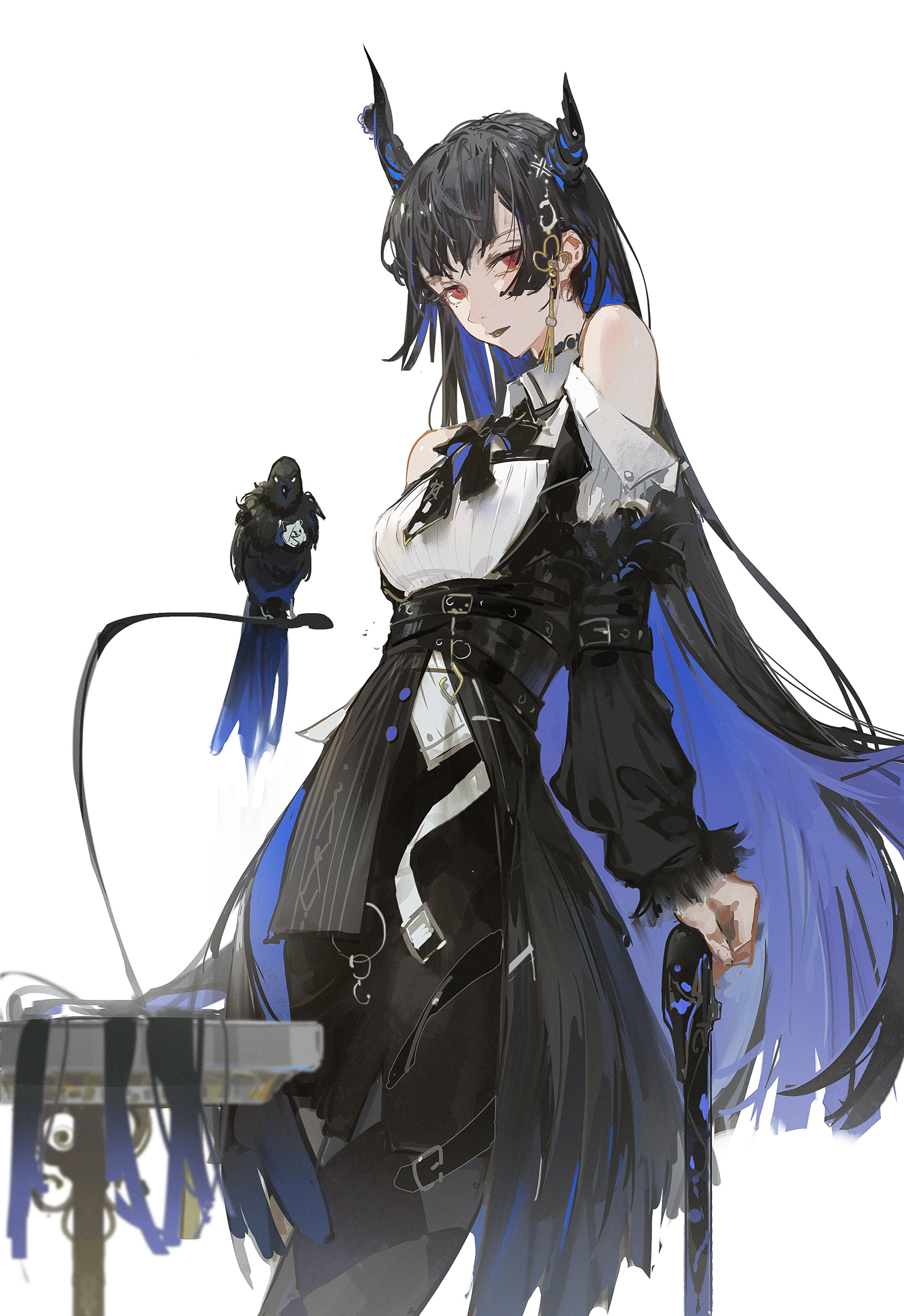 a digital illustration of an anime girl with long black and blue hair. she has black horns on her head and is wearing a black dress with a white shirt underneath. she is holding a cane in one hand and a black crow is perched on a branch behind her. she has red eyes and a serious expression on her face.