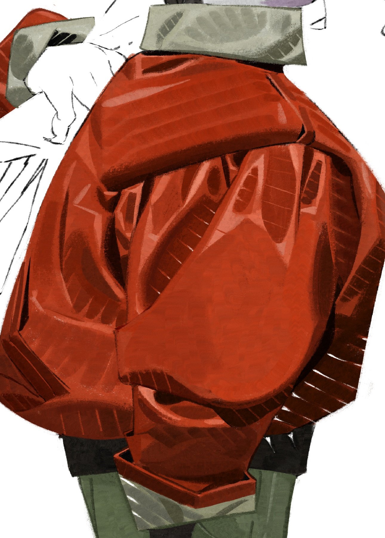 the image is a digital painting or illustration focusing on a closeup of a person wearing a striking red jacket. the jacket is the dominant feature, with its voluminous, puffed sleeves taking center stage. the sleeves are rendered with a great deal of texture and detail, suggesting a thick, possibly heavy fabric.  the artist uses bold, saturated colors, particularly the deep red of the jacket, contrasted against a muted, greyishgreen element visible at the bottom. the style is stylized, moving beyond photorealism towards a more painterly or abstract approach. only part of the figure wearing the garment is visible.  the overall mood is sophisticated and visually arresting.