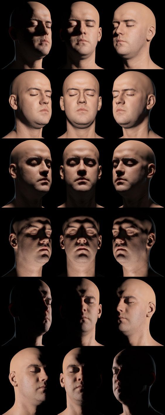 the image presents a series of 3d rendered portraits of a male head under various lighting conditions. each row demonstrates the effects of different light sources and their positions, showcasing how light and shadow interact with the facial features.