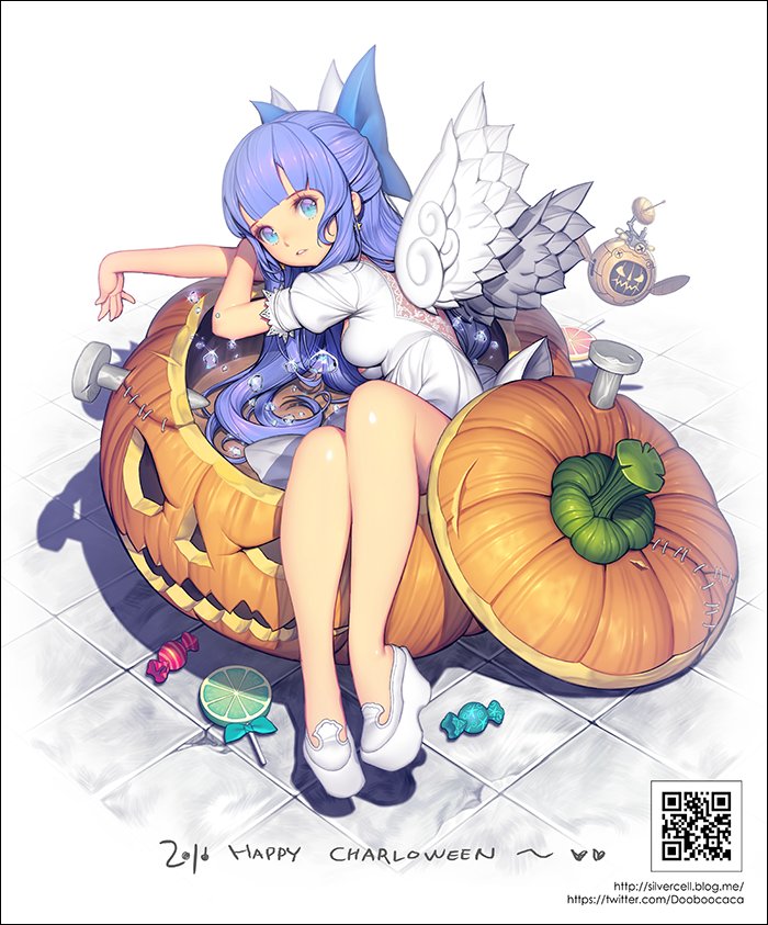a cute anime girl with blue hair and angel wings is sitting in a jackolantern. she's smiling and wearing a white dress. the pumpkin is surrounded by candy and there's a qr code in the bottom right corner. the background is white and the text at the bottom says "2014 happy charloween". the image is a digital art illustration.