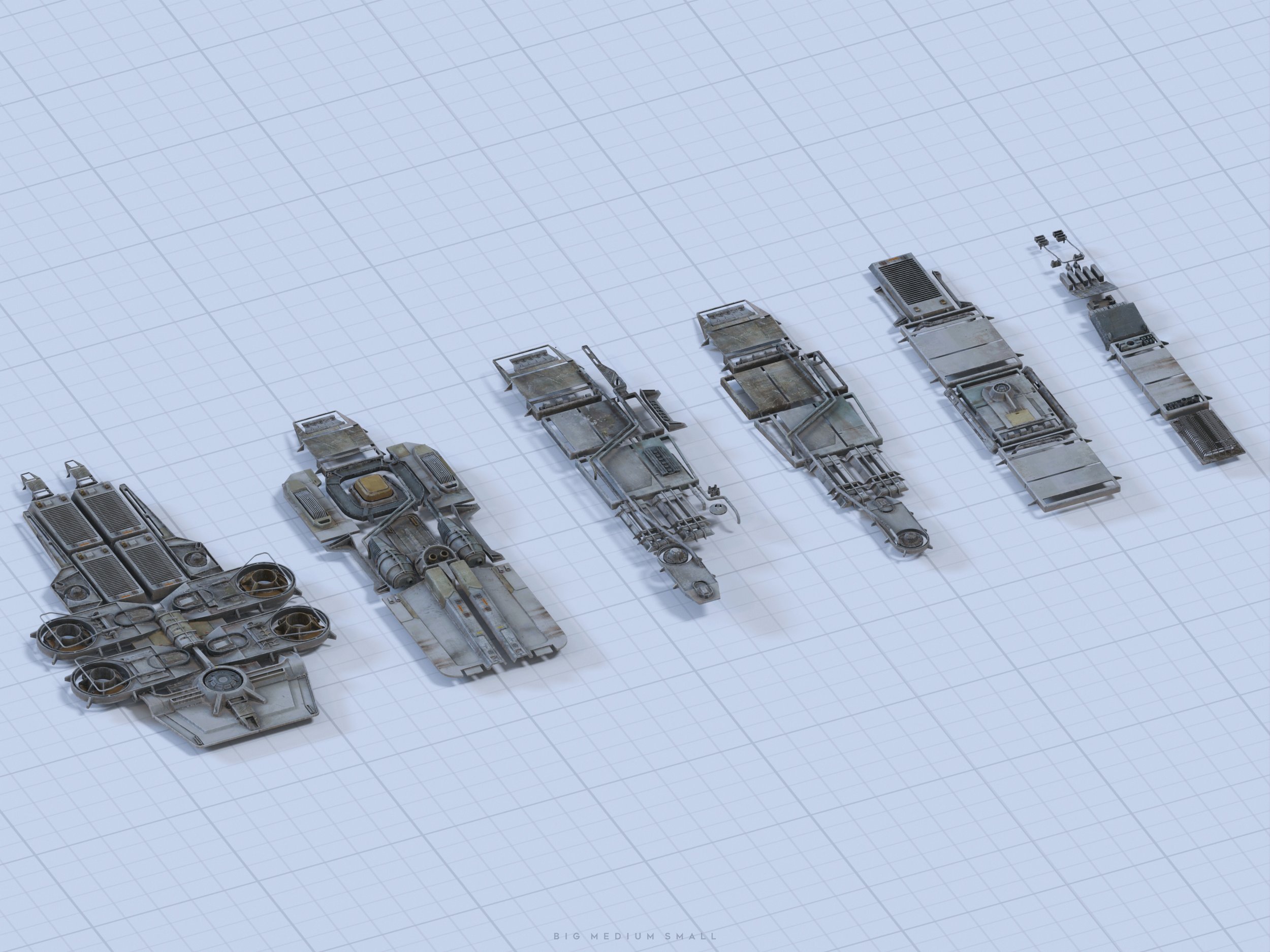 the image showcases a series of seven spaceship models arranged in a row, progressing from largest to smallest. the largest is a complex design with multiple engines and compartments.  the others progressively diminish in size and complexity, demonstrating a clear size variation. they are depicted on a light grey gridded background.  the overall style is futuristic, consistent with science fiction imagery. the image is a 3d rendering, showing the ships from an isometric viewpoint.  the bottom right corner shows small text reading "big medium small".