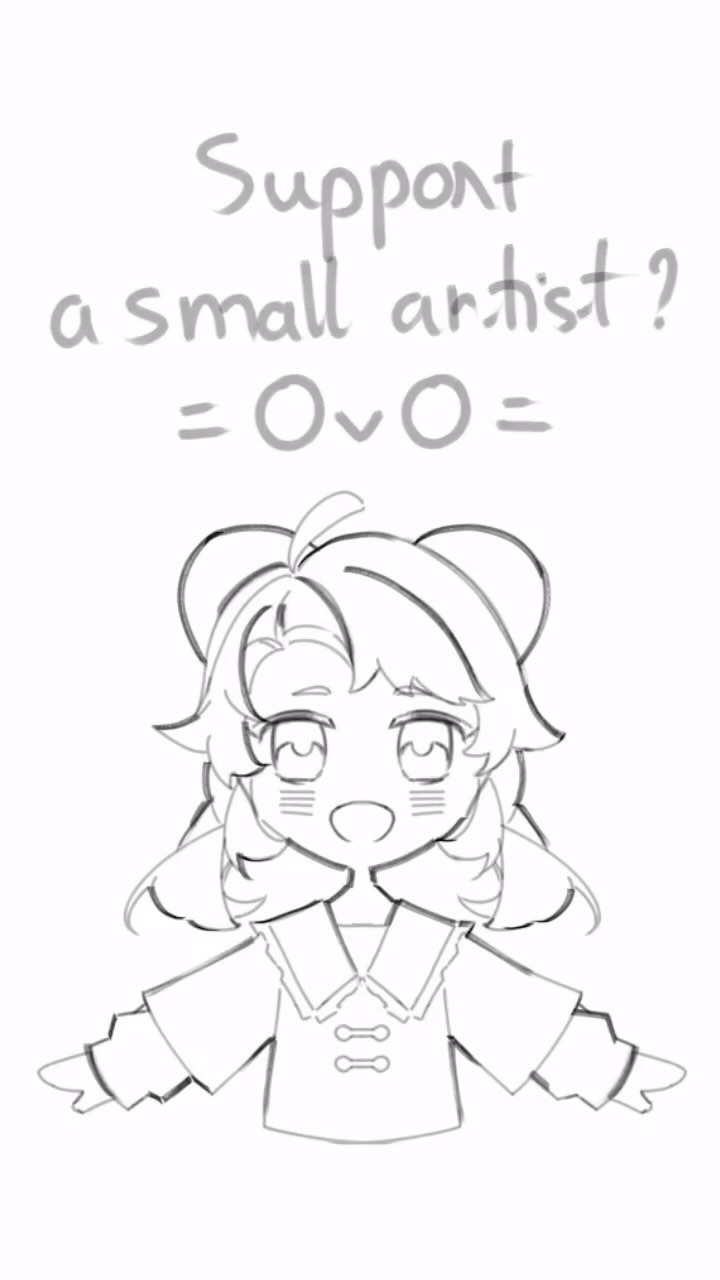 he image features a digital sketch of a cute cartoon girl with large eyes and short hair, wearing a collared jacket. the style is reminiscent of anime and chibi characters.  above her, the phrase "support a small artist? =ovo=" is written in a casual, handwritten style. the overall tone is light and inviting, suggesting a request for support.  the drawing is in grayscale, consisting mainly of lines with minimal shading.