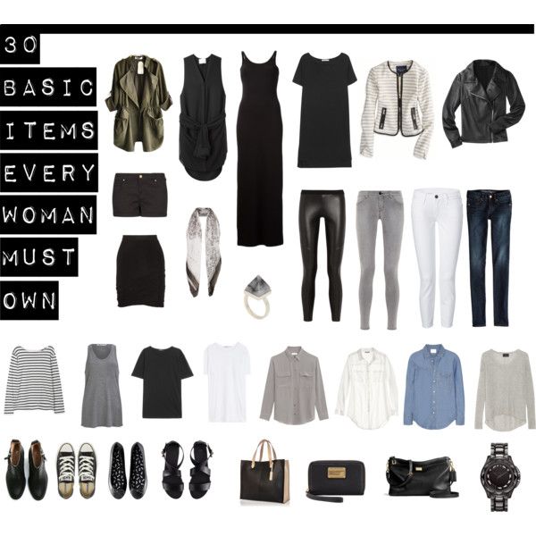 this image showcases a collection of 30 basic fashion items that are considered essential for a woman's wardrobe. it includes a variety of clothing such as dresses, shirts, jeans, jackets, tops, pants, shorts, and skirts. there is also a selection of footwear including flats, heels, boots, and sneakers. accessories such as handbags, wallets, watches, scarves, and rings are also displayed.