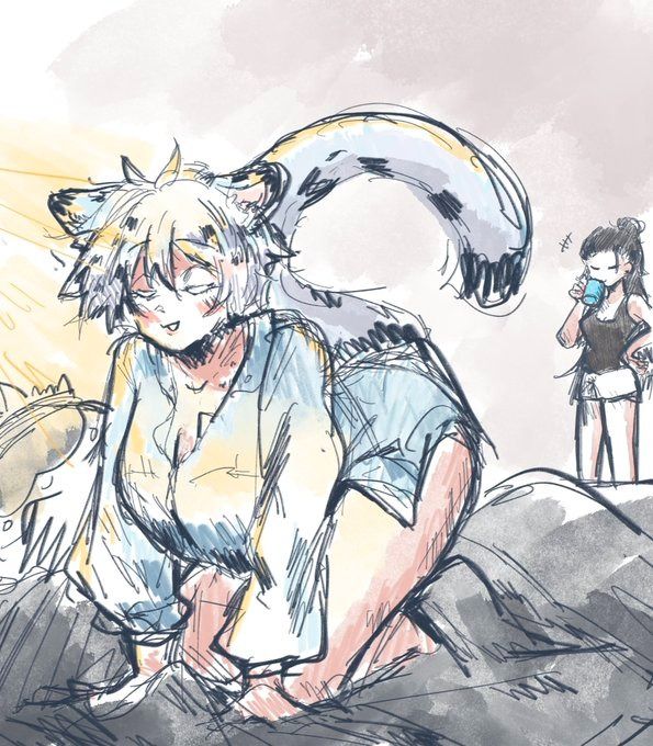 the image is a digital drawing or painting in a loose, expressive style. it depicts an anthropomorphic catgirl, with light blonde hair and a long, curving tail, lying in bed, seemingly waking up. she's wearing a light blue, loosefitting shirt.  another girl, dressed in casual attire, is standing in the background, appearing to be watching her, holding a small cup. the overall tone is whimsical and lighthearted, with a pastel color palette and a focus on capturing a relaxed, comfortable mood. the lines are sketchy and dynamic, enhancing the sense of movement and spontaneity.  a bright light suggests it is morning.