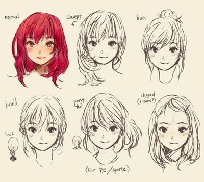 the image is a sketch tutorial showcasing different hairstyles for female characters. it features seven headshots with varying hairstyles, including normal, swept, bun, braid, ponytail, clipped (for exams), and ponytail (for pe/sports). each hairstyle is labeled with its name and, in some cases, the context in which it might be worn. the drawings are simple and stylized, focusing on demonstrating the various hairstyles clearly.