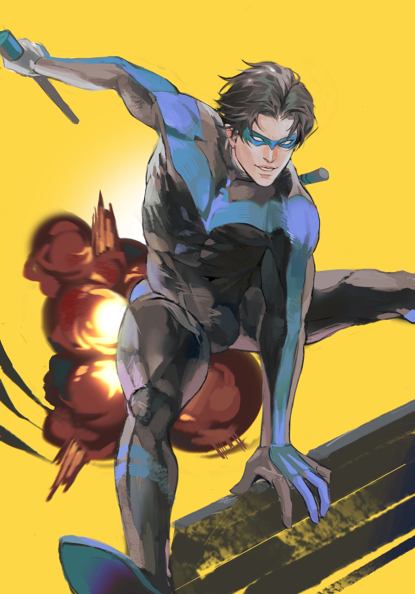 a digital illustration of nightwing, a dc comics superhero. the image features nightwing in a dynamic pose as he's about to strike with his staff, with a large explosion behind him and a cityscape in the background. his costume is blue and black. nightwing's eyes are visible under his mask, and he has a determined expression on his face.
