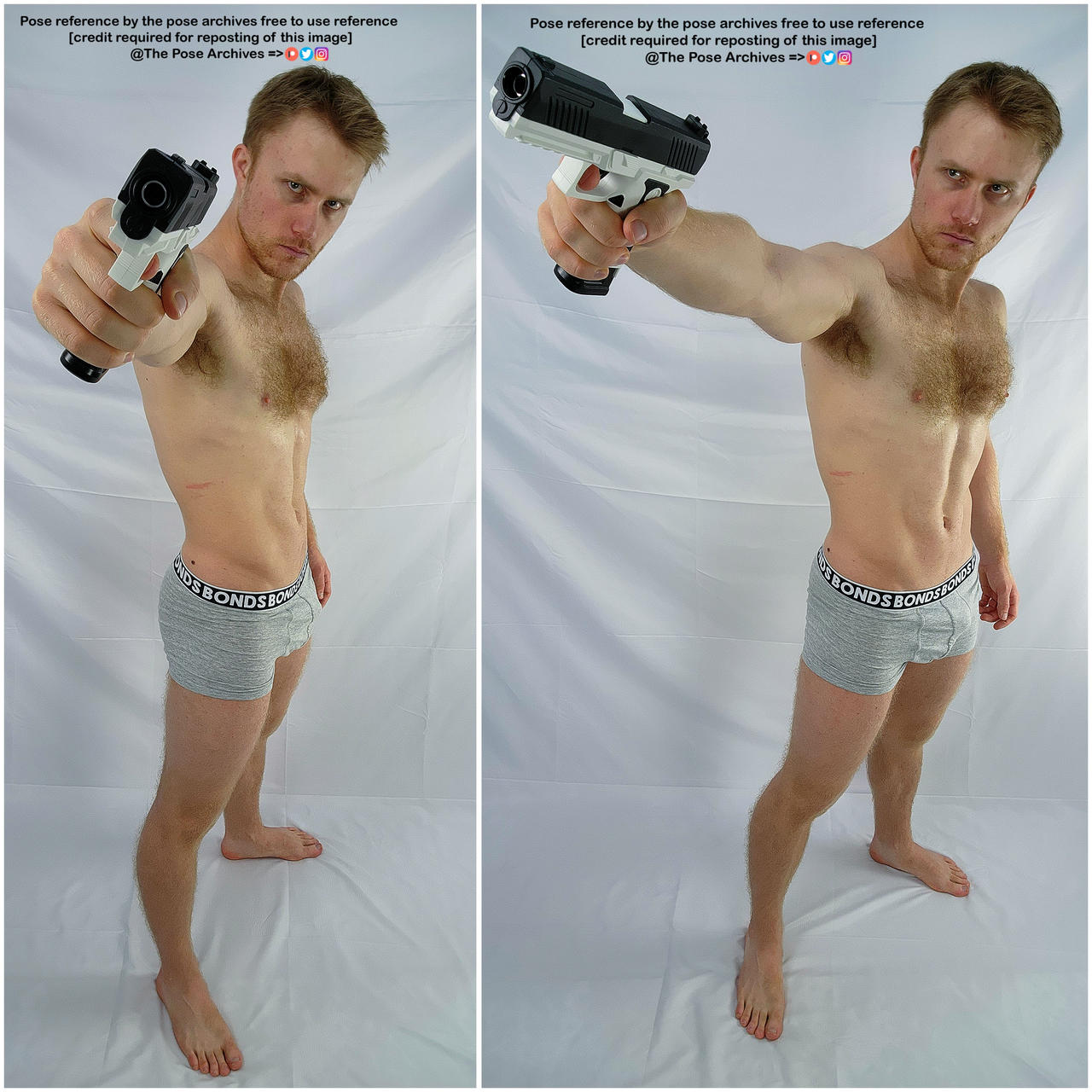 the image shows a man in his underwear posing with a gun in